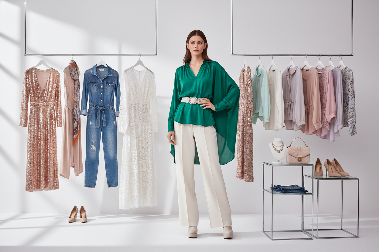 bunch pf women clothing with a model